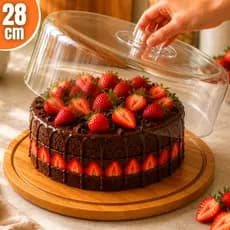 Boleira Base Bambu Com Tampa Em Acrílico Porta Bolo Queijeira Doces Torta Pudim Queijo Grande 28cm