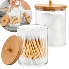Kit Pote Acrilico Porta Algodão Cotonete Com Tampa de Bambu Redondo Joias Brincos