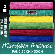 Kit com 3 - Pano Microfibra Flanela - 30 x 30cm - Neves - Multiuso - Limpeza Geral - Multicores
