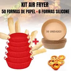 Kit 50 Formas de Papel Airfryer + 6 Formas Silicone Tamanhos Variados Microondas Forno Lavável com Alça