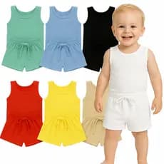 KIT 3 Conjuntos 6 peças Infantil Bebê Menino Liso Camiseta Regata e Short Básico Masculino Algodão Verão Cores Variadas