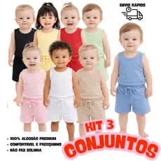 KIT 3 CONJUNTO INFANTIL 6 PEÇAS CAMISETA REGATA E SHORT BEBÊ MENINO MENINA BÁSICO LISO VERÃO