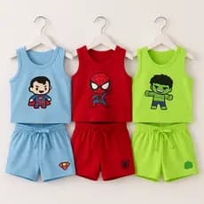 KIT 3 CONJUNTO INFANTIL 6 PEÇAS CAMISETA REGATA E SHORT PERSONAGENS E CORES SORTIDOS ALGODÃO VERÃO