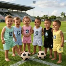 Kit 2 Conjuntos de Bebê Infantil Brasil Copa do Mundo 4 peças 100% Algodão