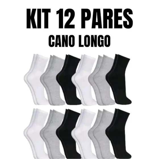 6 e 12 Pares Meias Cano Alto Algodão Unissex 35 ao 46