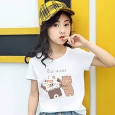 Camiseta De Manga Curta Para Meninas Com Estampa De Urso Fofo , Casual De Algodão Macio Gola Redonda Crianças , Roupa Di