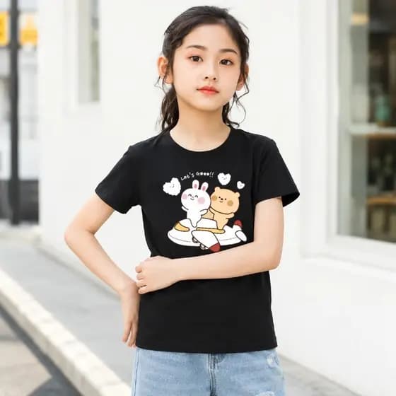 Camisetas Infantis De Manga Curta Com Estampa De Coelho E Urso Fofo , Casuais De Algodão Macio Gola Redonda Para Meninas