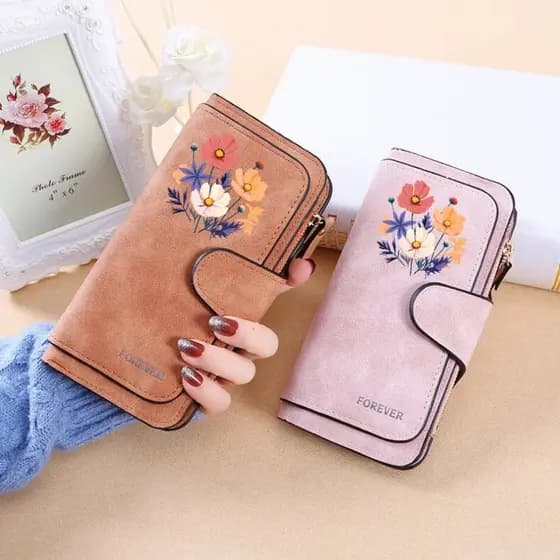 Carteira Longa Feminina Com Estampa De Flores Silvestres Vintage , Compartimentos Para Vários Cartões De Camurça Sintéti