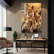 Quadro Decorativo Leoa com cinco filhotes vertical Casa Sala Quarto Decoração Parede