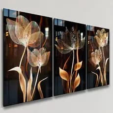 Quadros Decorativos 3 Peças Flores Douradas Ouro Minimalista Casa Sala Quarto Decoração Parede