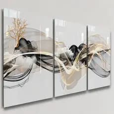 Quadros Decorativos 3 Peças Abstrato Árvore Linha Dourada e Preto Casa Sala Quarto Decoração Parede