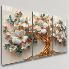 Quadros Decorativos 3 Peças Árvore Vida Amor Prosperidade Ouro Retorcido Flor Brancas Verde Casa Sala Quarto Decoração