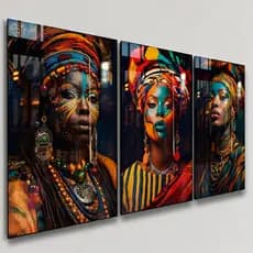 Quadros Decorativos 3 Peças Africanas Realista Cultura Casa Sala Quarto Decoração Parede