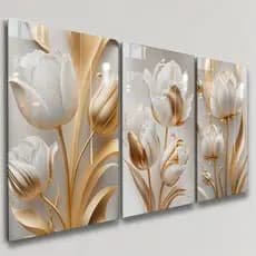 Quadros Decorativos 3 Peças Tulipa Branco e Dourado Ouro Fluido Casa Sala Quarto Decoração Parede