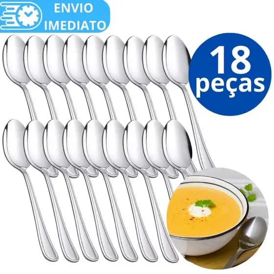 KIT 18 Colher de Mesa Talher Aço Inox GRANDE Luxo Sopa Arroz Para Casa Cozinha Bar Restaurante Buffet Faqueiro