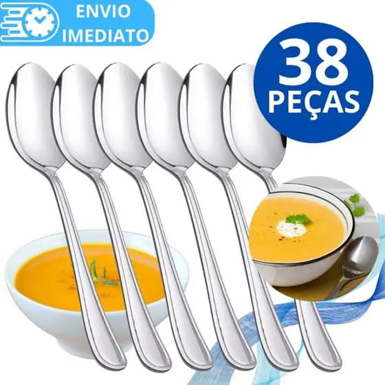 KIT 38 Colher de Mesa Talher Aço Inox GRANDE Brilhante Luxo Sopa Arroz Para Casa Cozinha Bar Restaurante Buffet Faqueiro