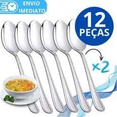 KIT 12 Colher de Mesa Talher Aço Inox GRANDE Brilhante Luxo Sopa Arroz Para Casa Cozinha Bar Restaurante Buffet Faqueiro