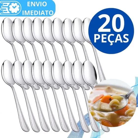 KIT 20 Colher de Mesa Talher Aço Inox GRANDE Brilhante Luxo Sopa Arroz Para Casa Cozinha Bar Restaurante Buffet Faqueiro