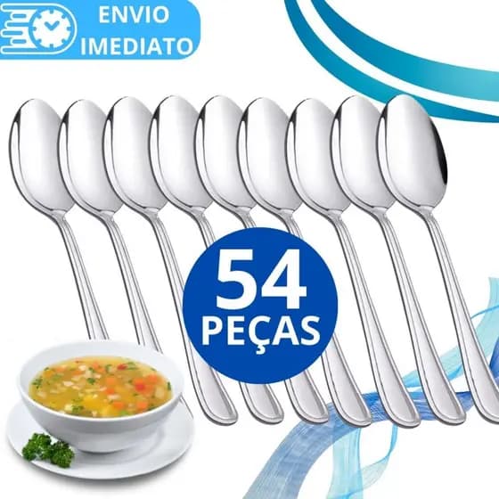 KIT 54 Colher de Mesa Talher Aço Inox GRANDE Brilhante Luxo Sopa Arroz Para Casa Cozinha Bar Restaurante Buffet Faqueiro
