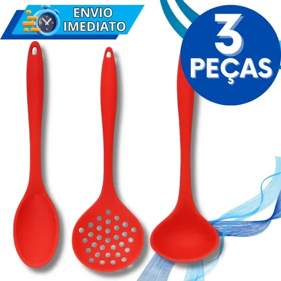 KIT Jogo 3 Utensílios de Cozinha Silicone Premium Resistente Colher Concha Escumadeira para Casa Não Risca a Panela