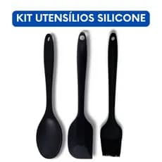 KIT Jogo 3 Utensílios de Cozinha Silicone Premium Resistente Colher Espátula Pincel para Casa Não Risca a Panela MINI