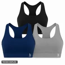 Kit 3 Top Feminino Nadador Suplex Sem bojo Preto Cinza Azul