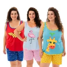 Kit 3 Pijamas Adultos Femininos Plus Size Regata Curto Verão Personagens/ Kit 3 Pijama Feminino Longo Inverno Plus Size