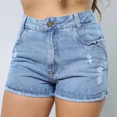 Short Jeans Cintura Alta Barra Desfiada com Puídos