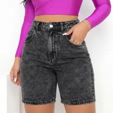 Bermuda Jeans Marmorizada Feminina Preta Cintura Alta Levanta Bumbum Modeladora Confortável