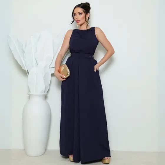 Macacão Feminino Social Elegante Festa Regata Pantalona Longo Cinto Alfaiataria Tecido Duna