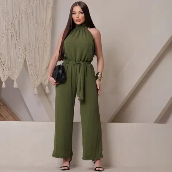 Macacão Pantalona Feminino Alfaiataria Duna Gola Alta Elegante Sofisticado