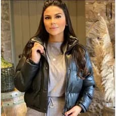 Jaqueta Puffer Cropped Couro PU Feminina Sem Capuz