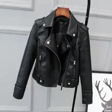 Jaqueta de Couro Feminina Casual Preta Elegante Slim Moderna Moda Luxo