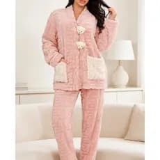 Pijama De Inverno Para Mulheres  Roupas Quentes Meninas estilo coreano com bolsa e botoes de ursinho 5675