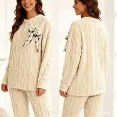 Conjunto Pijama De Inverno Pelúcia Quente De 2 Peças De Roupa De Dormir Elegante lacinho E Calças Confortáveis 5662