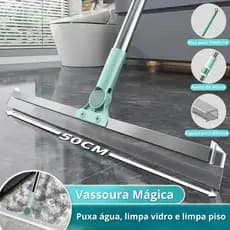 Vassoura Mágica 2 em 1 Rodo de Silicone Tira Pelo, Limpa Vidro e Piso Cabo Inox 80cm