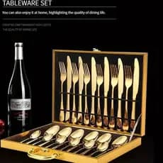 Conjunto 24 Peças Talheres Inox com Maleta Dourada Elegância Para o Seu Jantar e  Suas Recepções.
