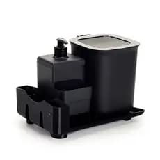 Kit Pia 3 Peças Compacto Escorredor 4 pratos Dispenser de Detergente e Lixeira 2,5 Litros Cores Preto e Branco DasPlast