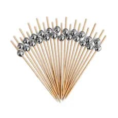 Kit 100 Palitos de Bambu Para Petisco Decorado Bolinha dourada prata 12cm
