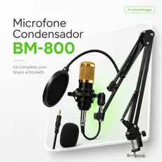 Microfone Condensador BM-800 Profissional com Braço Articulado | Kit Completo Podcast