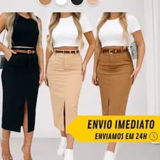 Saia Midi Alfaiataria Com Cinto Feminino Fenda e Bolsos Frontais Sofisticação e Versatilidade em Uma Só Peça.