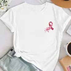 Camiseta feminina T-shirt feminina Outubro camisa Rosa Laço blusinha blusa 100% algodão