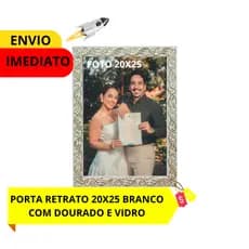 porta retrato 20X25 branco COM DOURADO NA GRAVAÇÃO FLORAL PARA DECORACÃO COM VIDRO E HDF FOTO