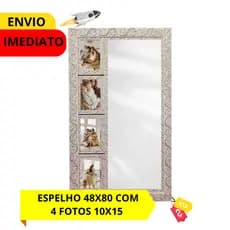 Espelho com 4 Porta Retratos 10x15 Decorativo Moldura Branca e Dourada MDF com Vidro