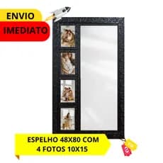 espelho COM 4 porta retratos 10X15 MOLDURA PRETA FLORAL DECORATIVA -  MDF + VIDRO ENVIO IMEDIATO