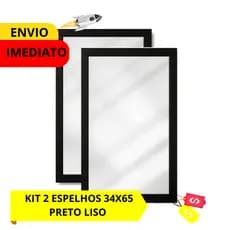 KIT 2 ESPELHOS DE PAREDE 34X65 DECORATIVO RETANGULAR MOLDURA PRETA LISA PARA SALA QUARTO ESCRITÓRIO