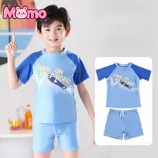 Modelo de Roupa de Banho Infantil de Duas Peças para Meninos, Confortável e Amiga da Pele, com Decote Redondo e Manga Cu
