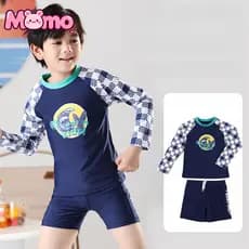 Roupa de Banho Infantil Masculina de Duas Peças com Manga Longa, Confortável e Protetora contra o Sol