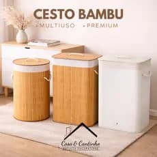 Caixa Cesto de Roupas Suja Organizador de Bambu Retangular Dobrável Com Tampa e Alça Forrado