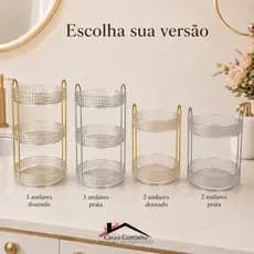 Organizador 360º de Acrílico Penteadeira Prateleira Luxo Prata ou Dourado Porta Maquiagem Skincare